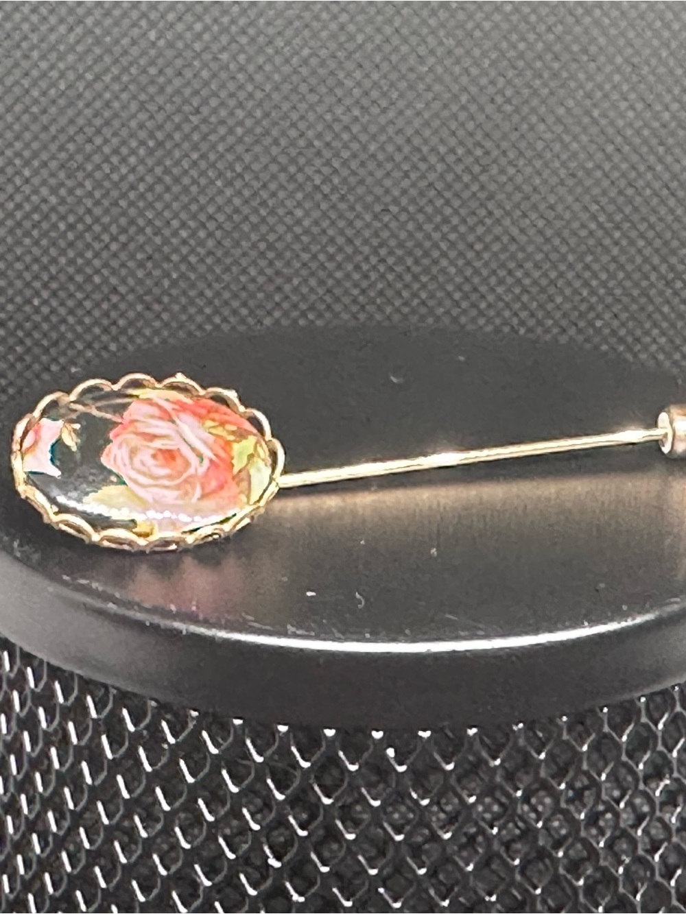 Gold-Tone Pink Rose Enamel Stick Brooch